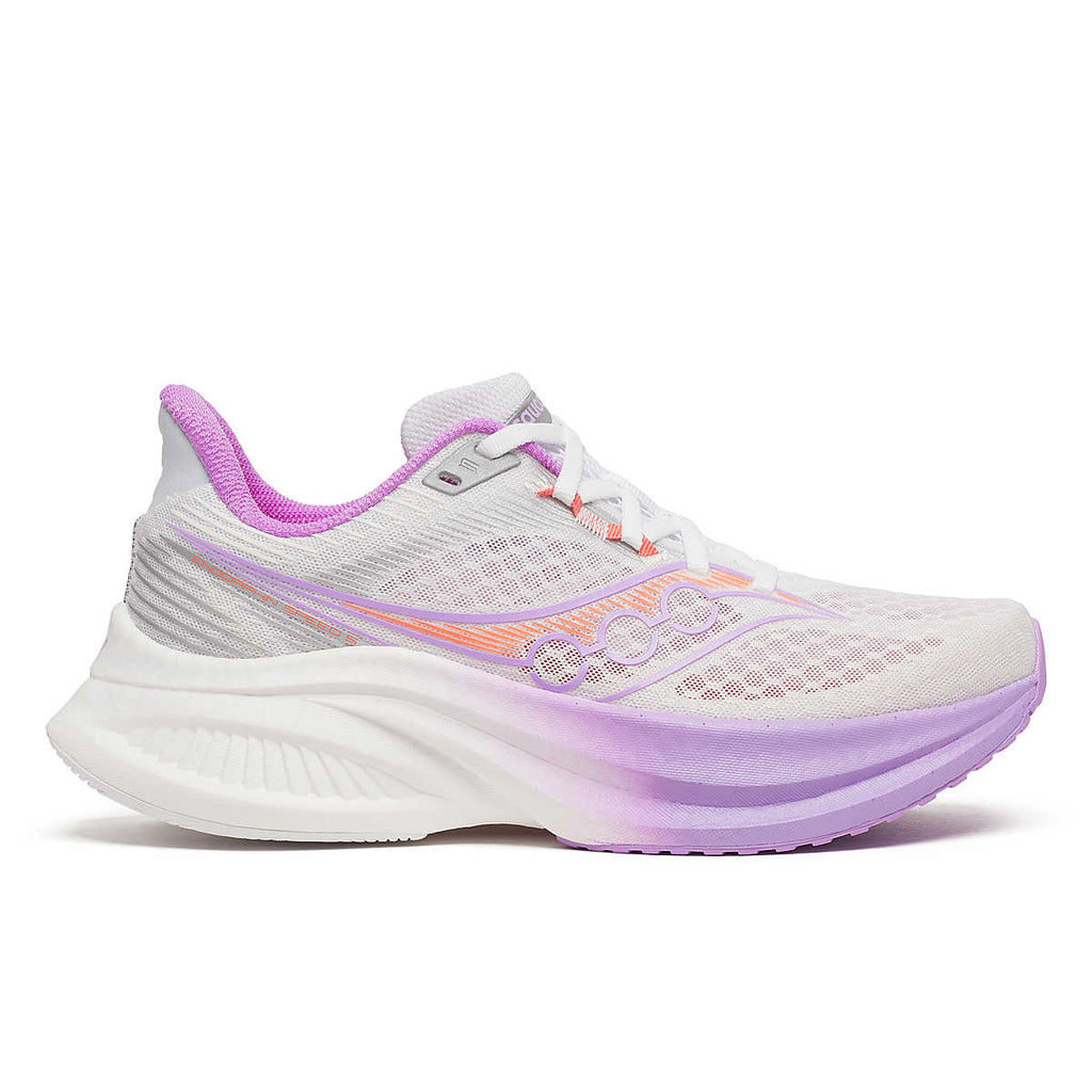 Women's Saucony Endorphin Pro 4. White upper. White/Light Purple midsole. Lateral view.