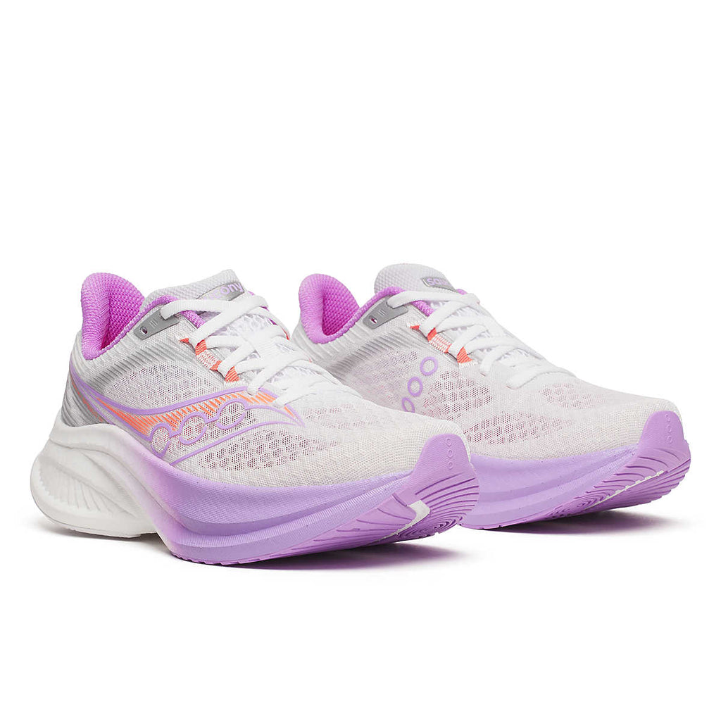 Women's Saucony Endorphin Pro 4. White upper. White/Light Purple midsole. Lateral view.