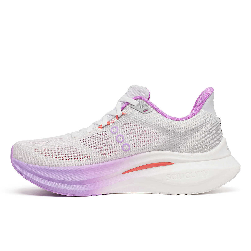 Women's Saucony Endorphin Pro 4. White upper. White/Light Purple midsole. Medial view.