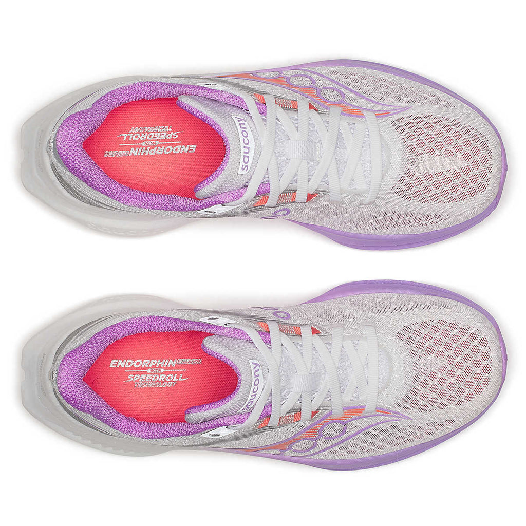 Women's Saucony Endorphin Pro 4. White upper. White/Light Purple midsole. Top view.