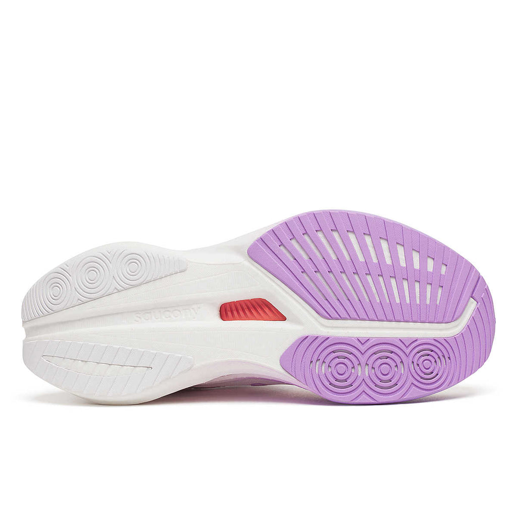 Women's Saucony Endorphin Pro 4. White upper. White/Light Purple midsole. Bottom view.