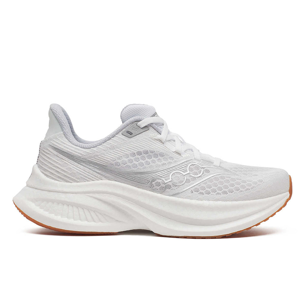 Women's Saucony Endorphin Pro 4. White upper. White midsole. Lateral view.