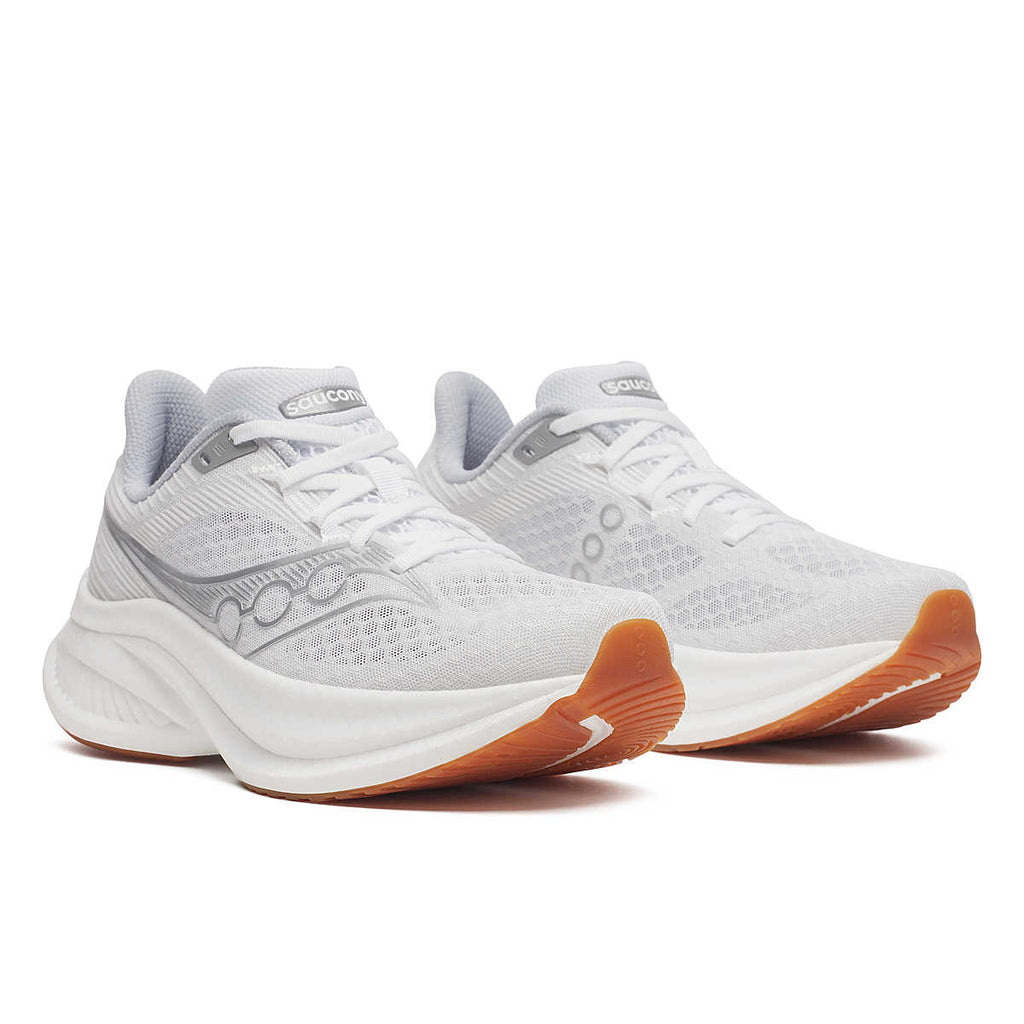 Women's Saucony Endorphin Pro 4. White upper. White midsole. Lateral view.