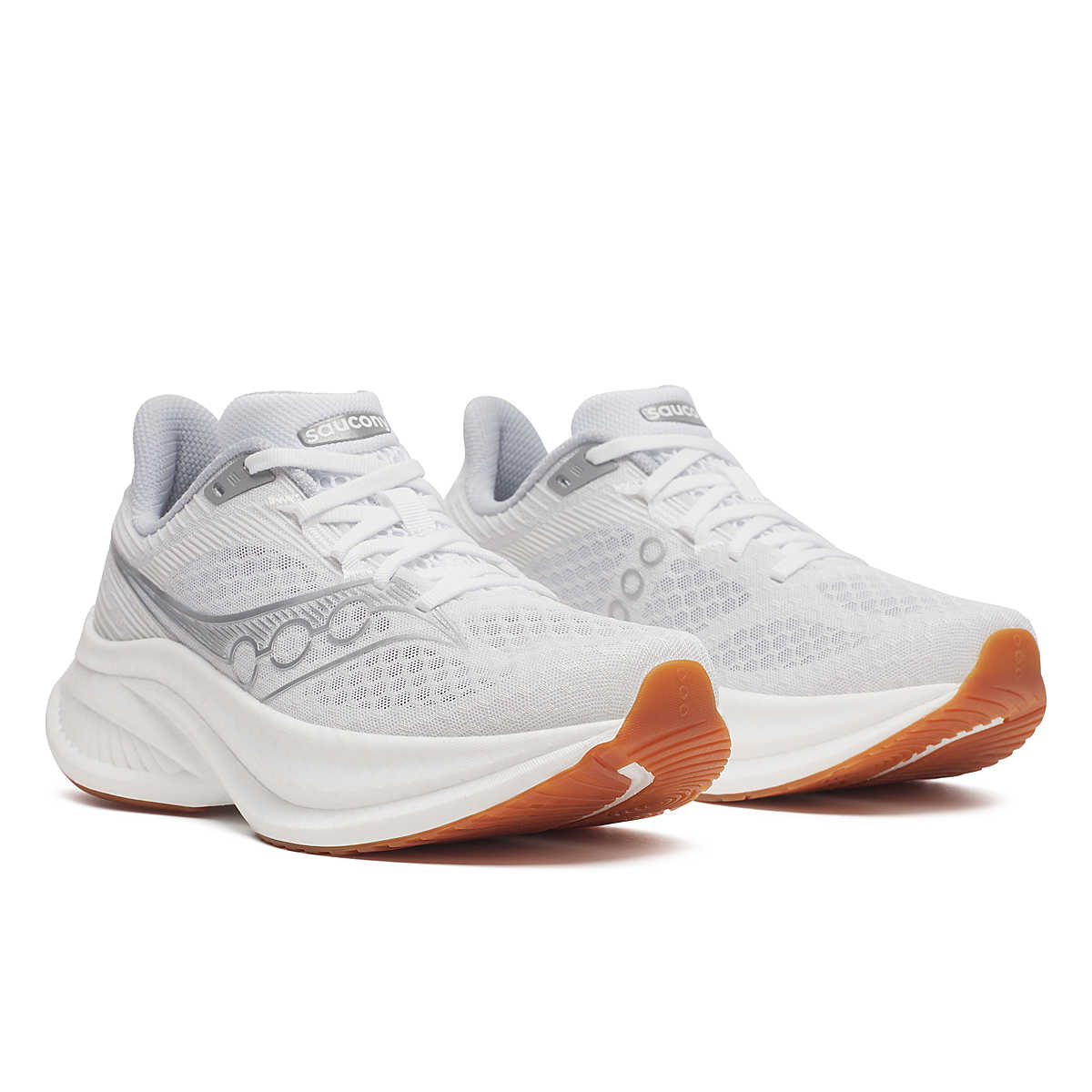 Women's Saucony Endorphin Speed 5. White/Gum. Lateral view.