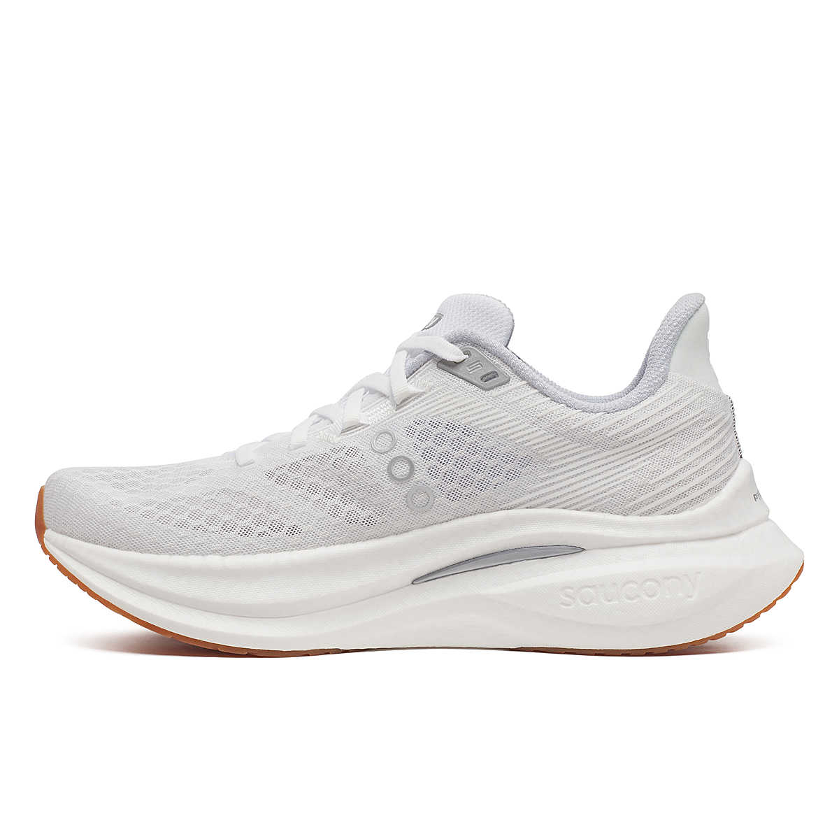 Women's Saucony Endorphin Speed 5. White/Gum. Medial view.
