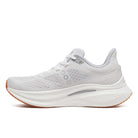 Women's Saucony Endorphin Speed 5. White/Gum. Medial view.