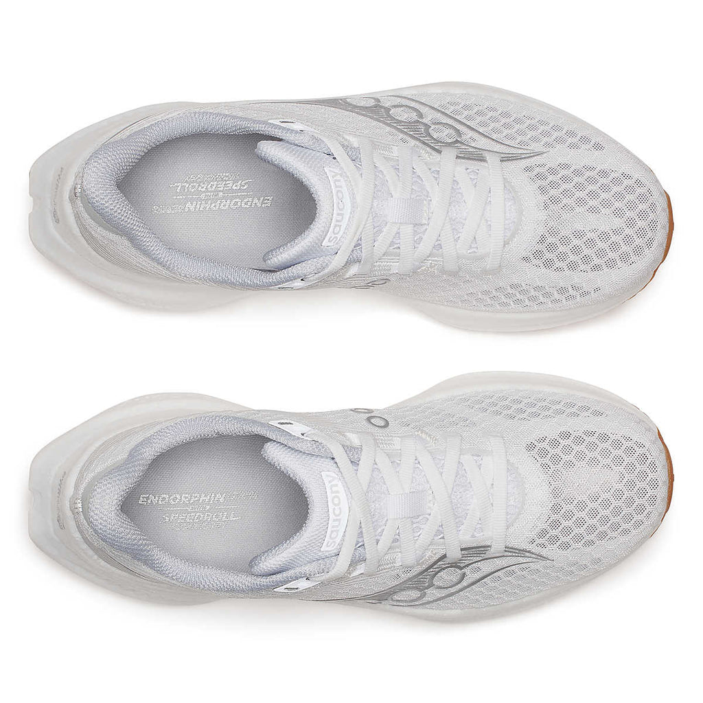 Women's Saucony Endorphin Pro 4. White upper. White midsole. Top view.