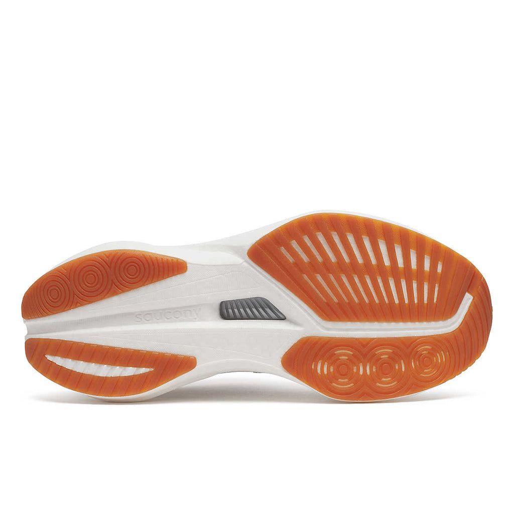 Women's Saucony Endorphin Pro 4. White upper. White midsole. Bottom view.