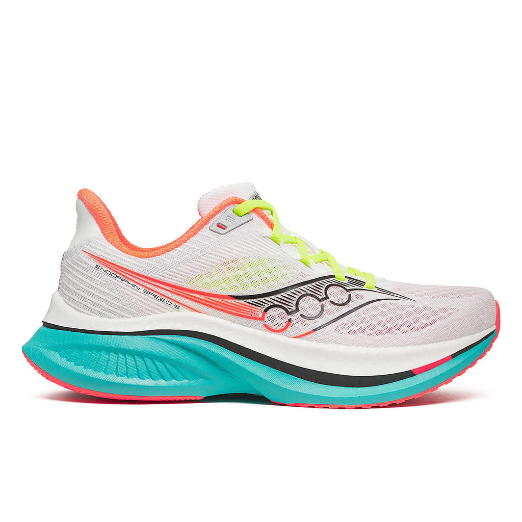 Women's Saucony Endorphin Pro 4. White upper. White/Teal midsole. Lateral view.