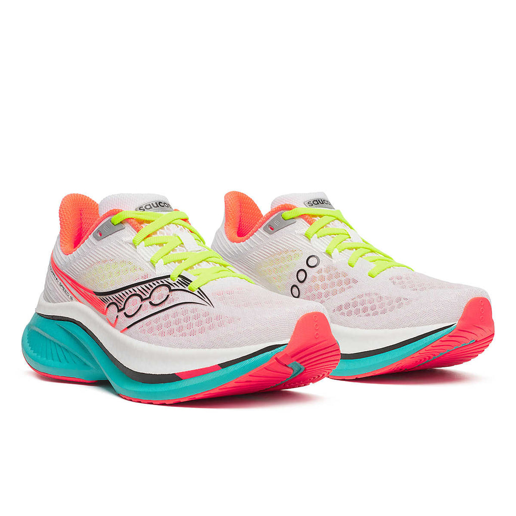 Women's Saucony Endorphin Pro 4. White upper. White/Teal midsole. Lateral view.