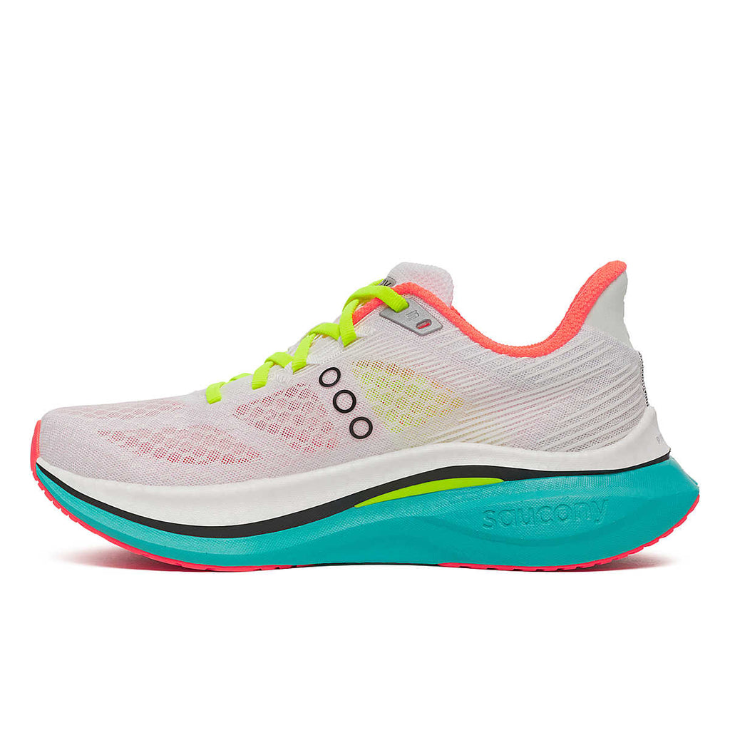 Women's Saucony Endorphin Pro 4. White upper. White/Teal midsole. Medial view.