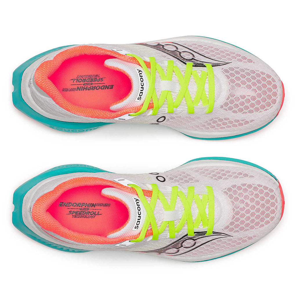 Women's Saucony Endorphin Pro 4. White upper. White/Teal midsole. Top view.