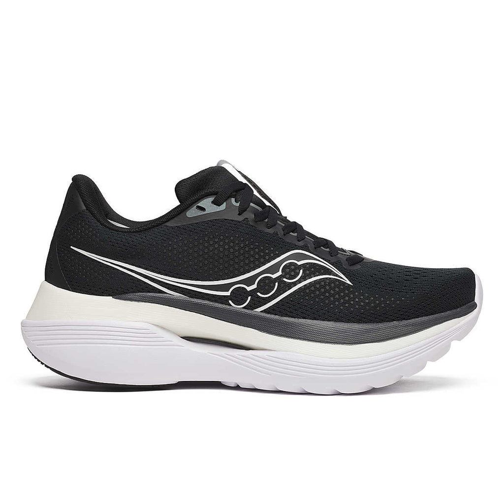 Women's Saucony Endorphin Trainer. Black upper. White midsole. Lateral view.