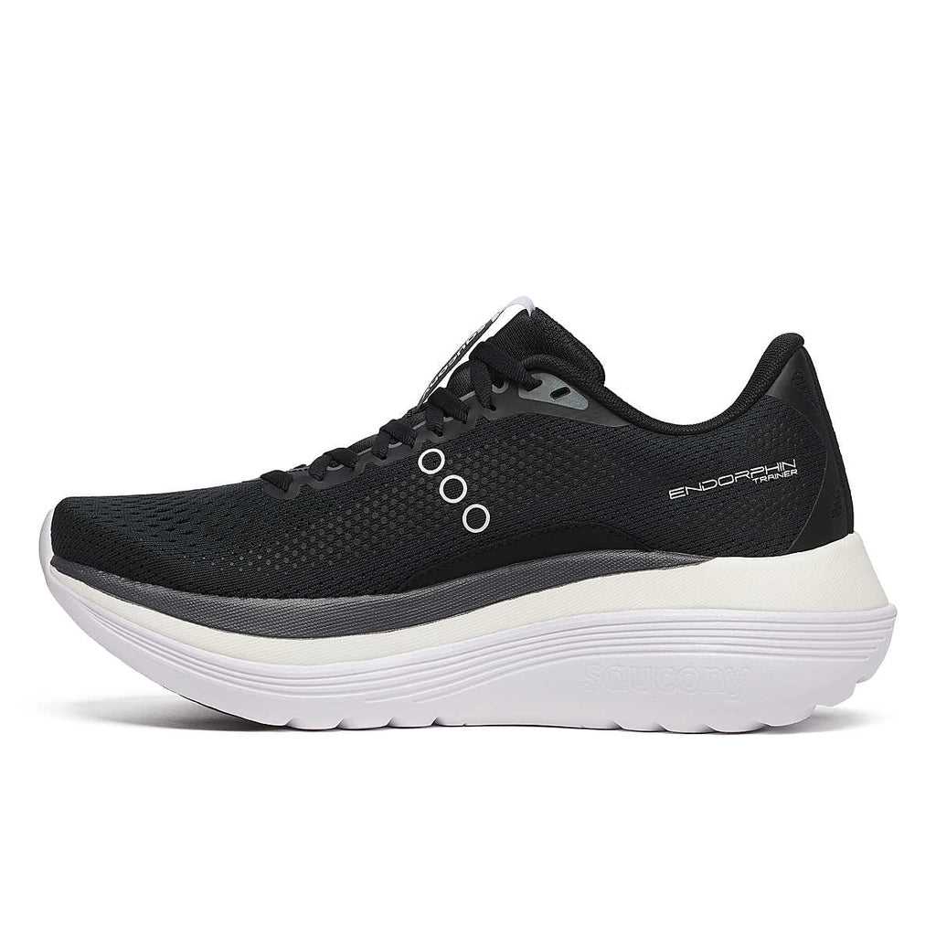 Women's Saucony Endorphin Trainer. Black upper. White midsole. Medial view.