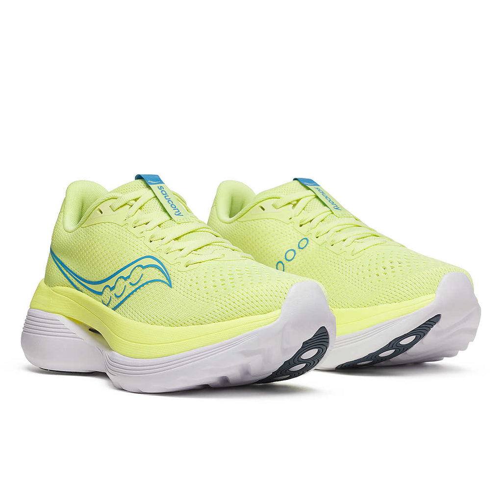 Women's Saucony Endorphin Trainer. Yellow upper. Yellow/White midsole. Lateral view.