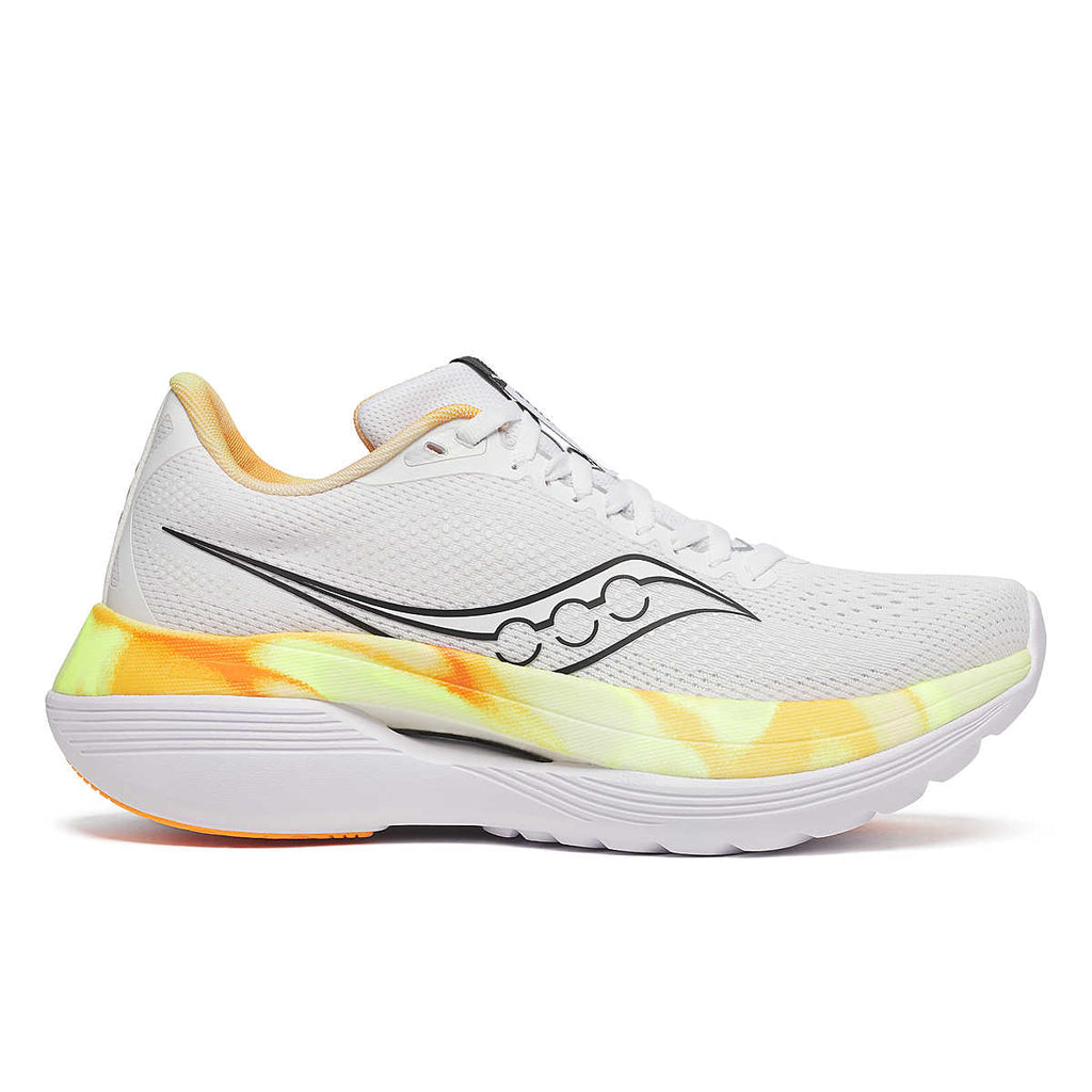 Women's Saucony Endorphin Trainer. White upper. Yellow/White midsole. Lateral view.