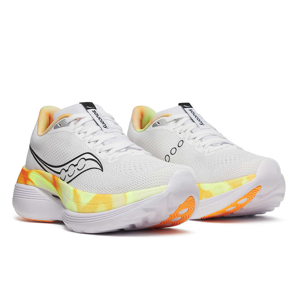 Women's Saucony Endorphin Trainer. White upper. Yellow/White midsole. Lateral view.
