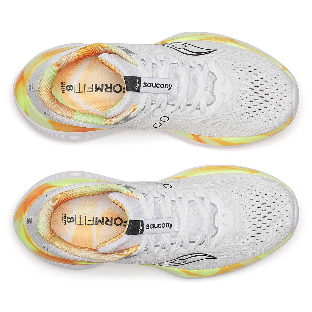 Women's Saucony Endorphin Trainer. White upper. Yellow/White midsole. Top view.