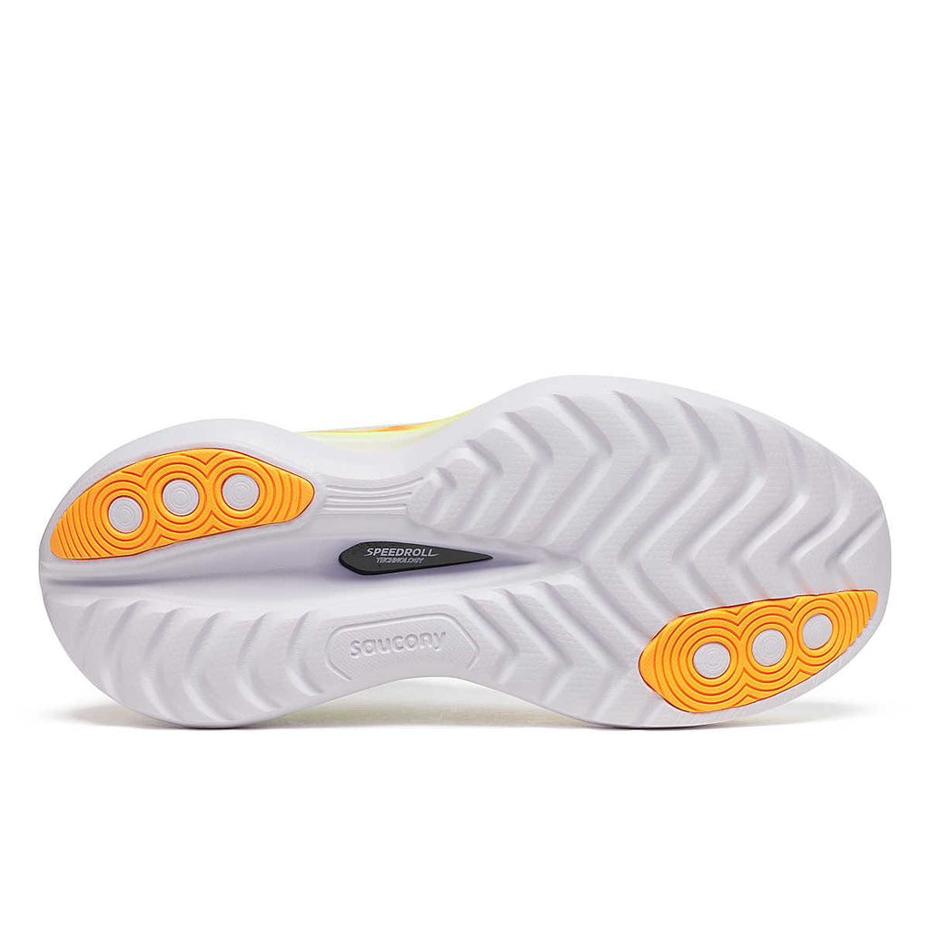 Women's Saucony Endorphin Trainer. White upper. Yellow/White midsole. Bottom view.