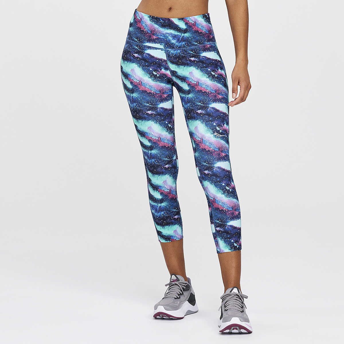 Women's Saucony Fortify Crop. Dusk Galaxy Print. Front view.