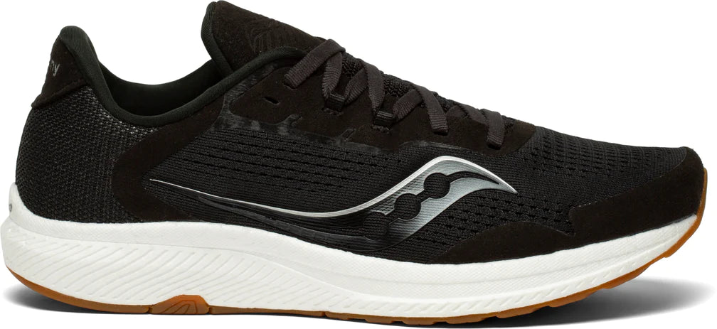 Women's Saucony Freedom 4. Black upper. White midsole. Lateral view.