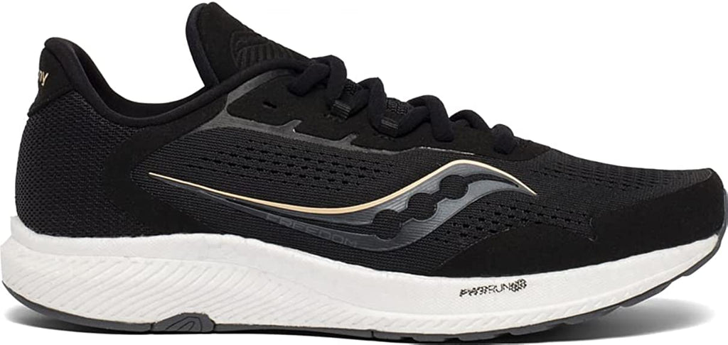Women's Saucony Freedom 4. Black upper. White midsole. Lateral view.