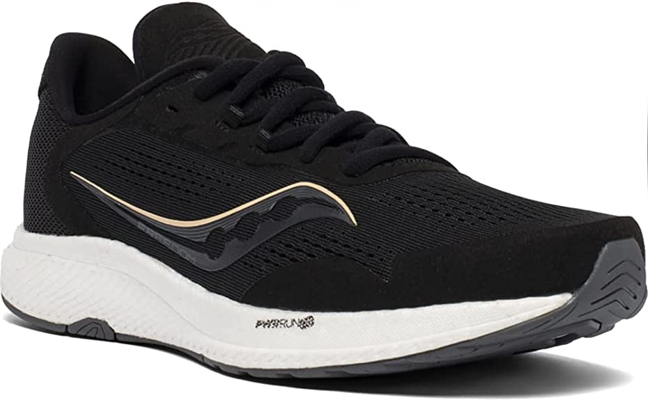 Women's Saucony Freedom 4 in Black/Sunset (black upper with hint of pale yellow. white midsole). Front lateral view