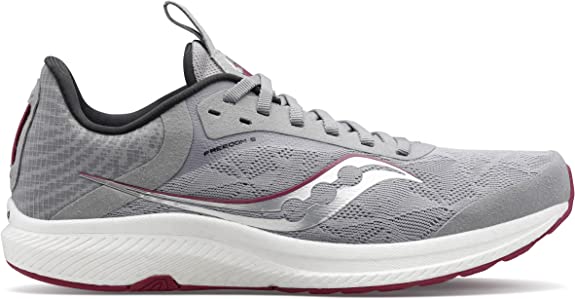 Women's Saucony Freedom 5. Grey upper. White midsole. Lateral view.