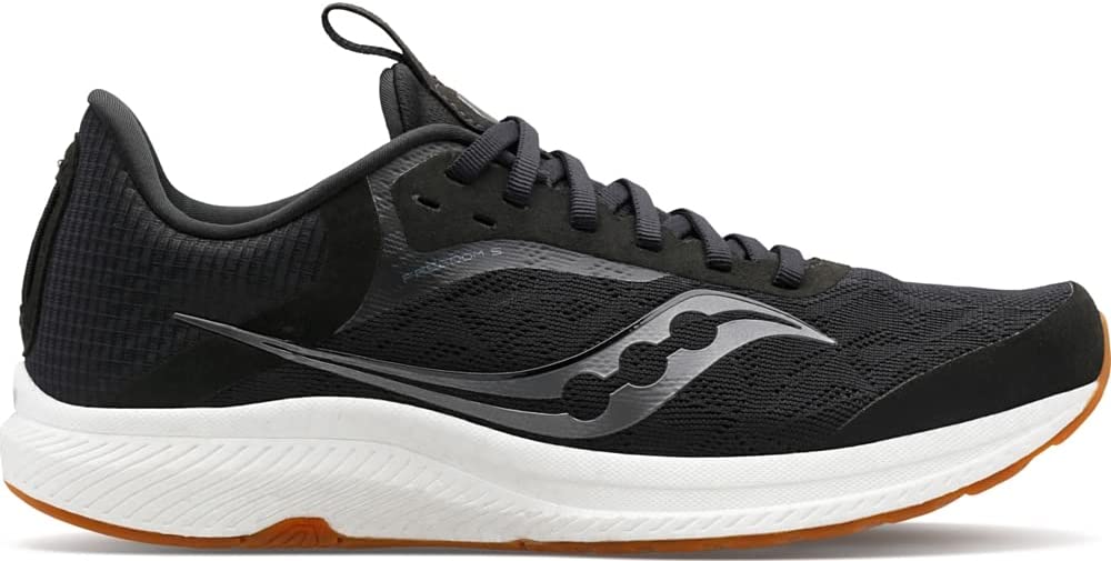 Women's Saucony Freedom 5. Black upper. White midsole. Lateral view.