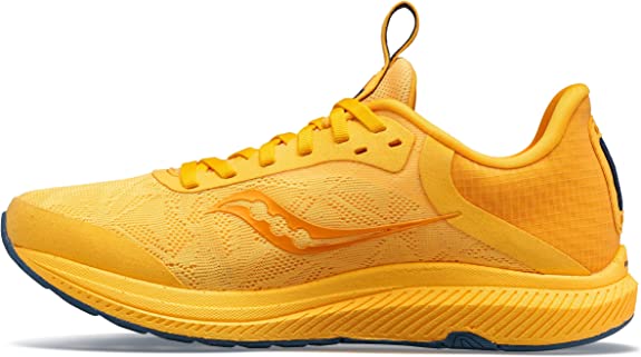 Women's Saucony Freedom 5 in Gold/Basin (yellow upper and midsole, touches of navy).  Medial view