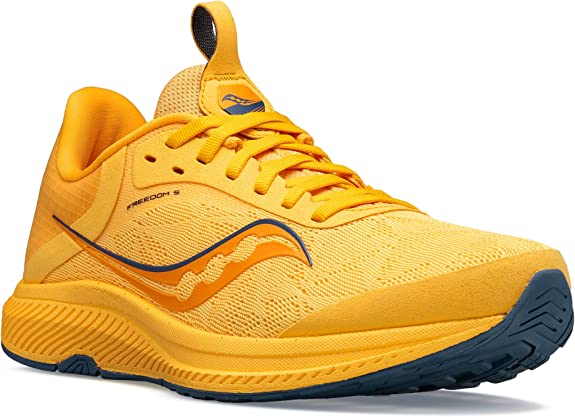 Women's Saucony Freedom 5. Yellow upper. Yellow midsole. Lateral view.