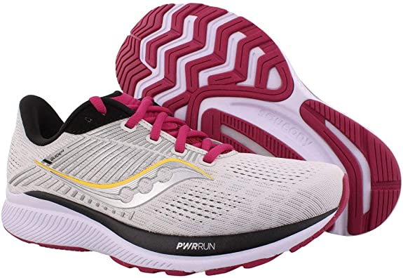 Women's Saucony Guide 14. Light Grey upper. White midsole. Lateral view.