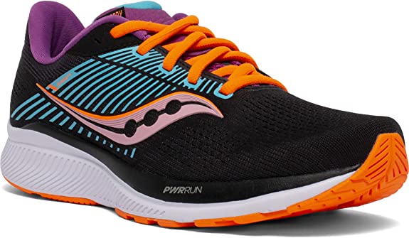 Women's Saucony Guide 14. Black upper. White midsole. Lateral view.