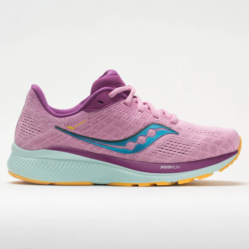 Women's Saucony Guide 14. Pink upper. White midsole. Lateral view.