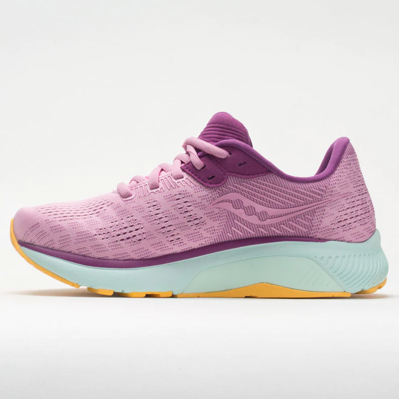Women's Saucony Guide 14. Pink upper. White midsole. Medial view.