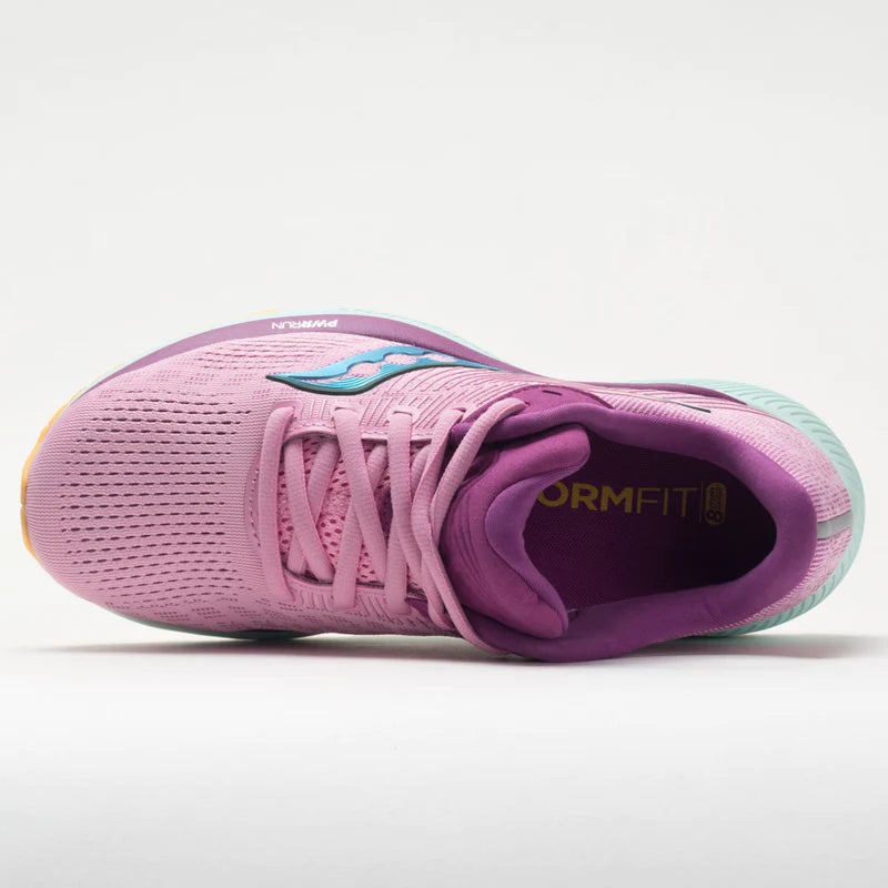 Women's Saucony Guide 14. Pink upper. White midsole. Top view.
