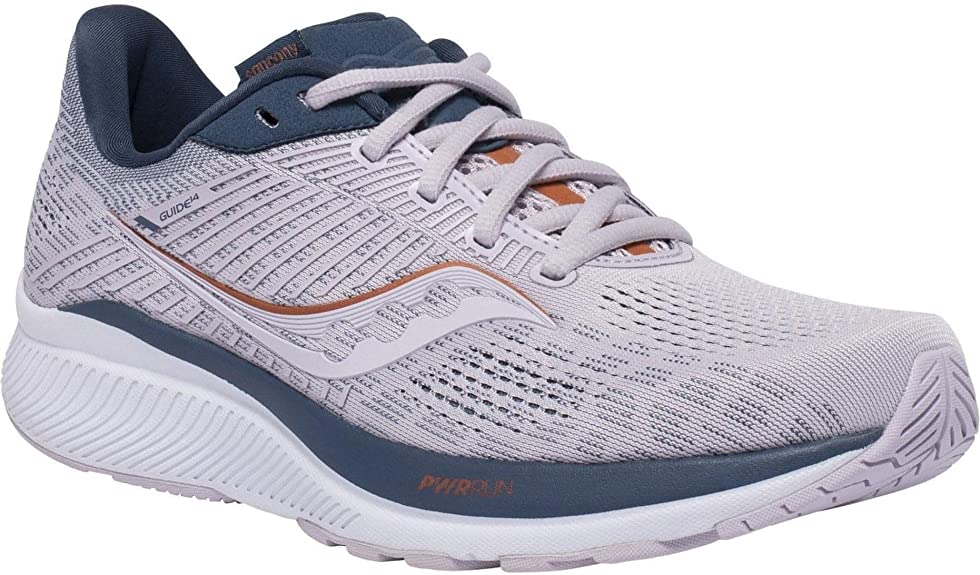 Women's Saucony Guide 14. Purple/Grey upper. White midsole. Lateral view.
