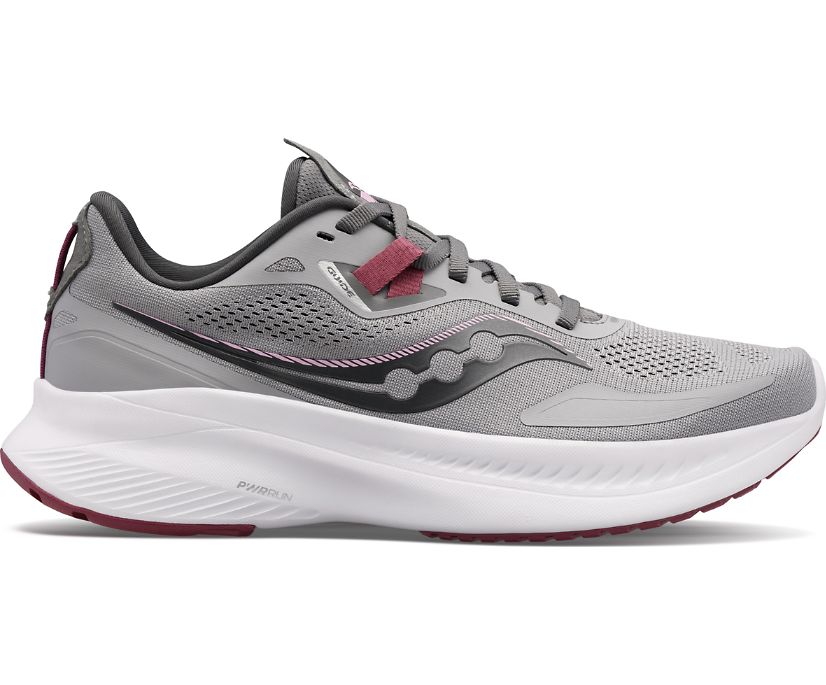 Women's Saucony Guide 15. Grey upper. White midsole. Lateral view.