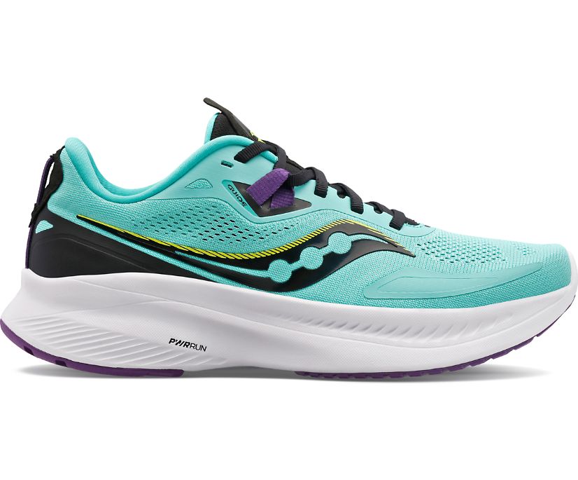 Women's Saucony Guide 15. Light Green upper. White midsole. Lateral view.