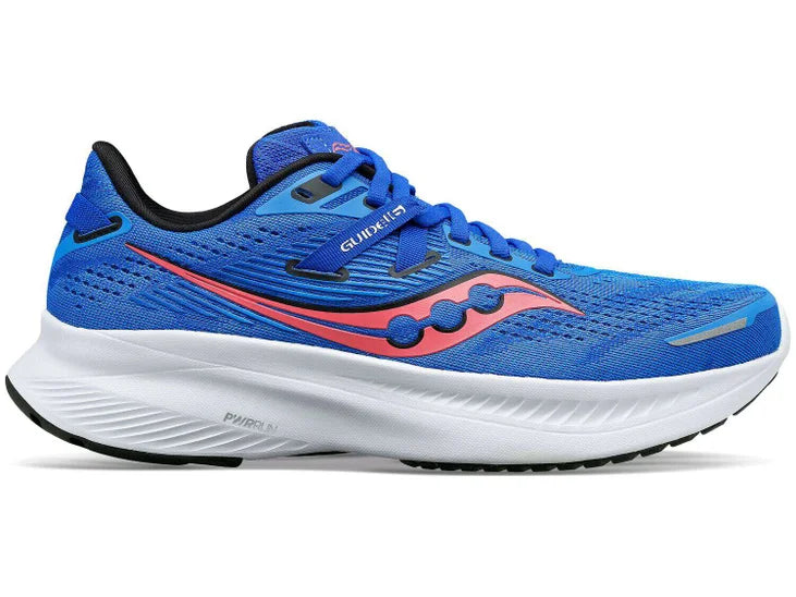 Women's Saucony Guide 16. Blue upper. White midsole. Lateral view.