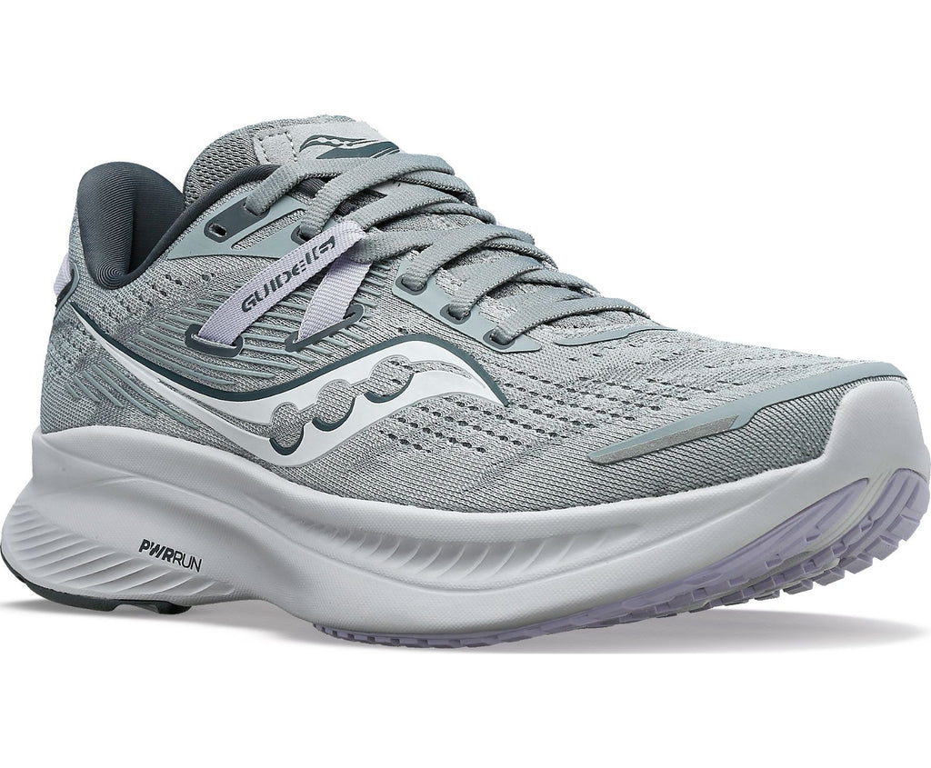 Women's Saucony Guide 16. Grey upper. Grey midsole. Lateral view.