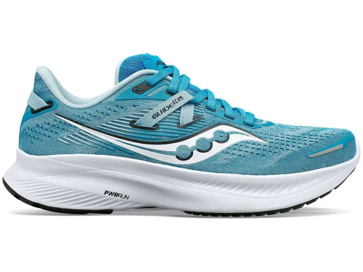 Women's Saucony Guide 16. Light Blue upper. White midsole. Lateral view.