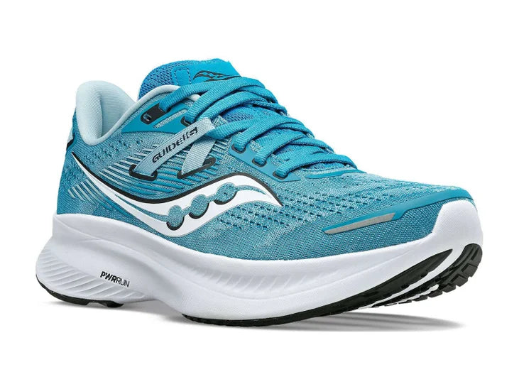 Women's Saucony Guide 16. Light Blue upper. White midsole. Lateral view.
