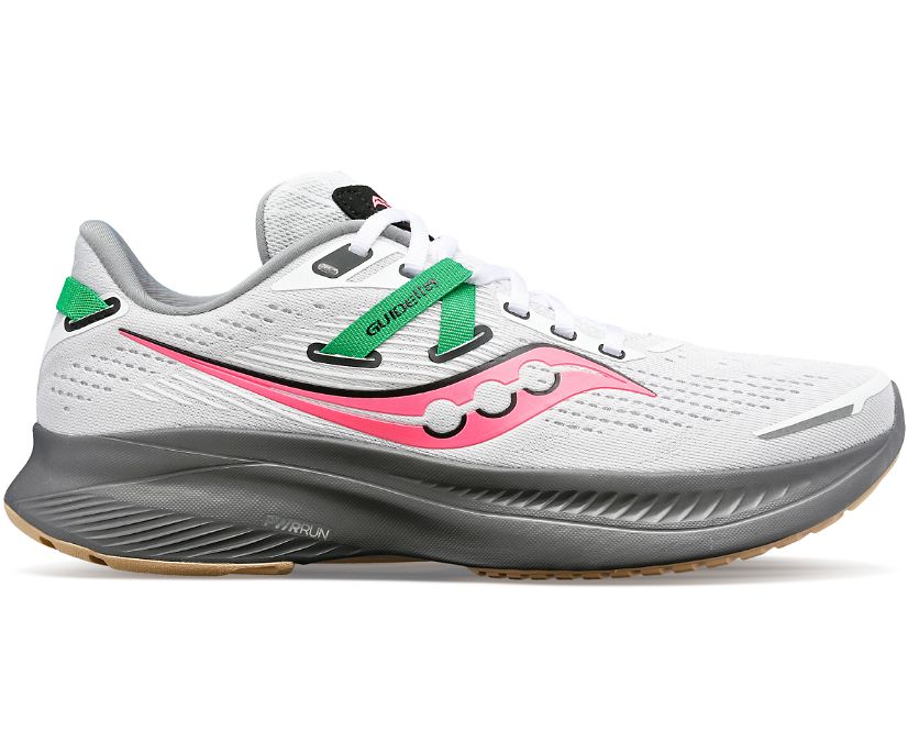 Women's Saucony Guide 16. White upper. Grey midsole. Lateral view.