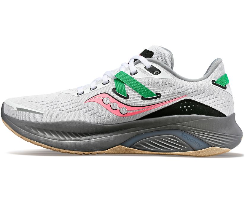 Women's Saucony Guide 16. White upper. Grey midsole. Medial view.