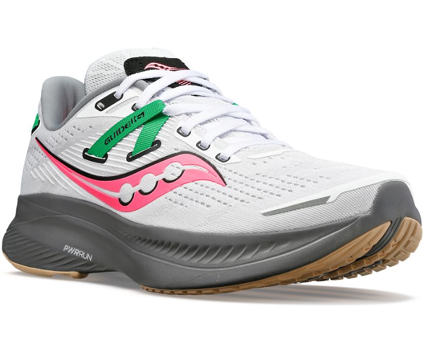 Women's Saucony Guide 16. White upper. Grey midsole. Lateral view.