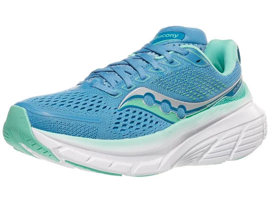 Women's Saucony Guide 17. Blue/Green upper. White midsole. Lateral view.