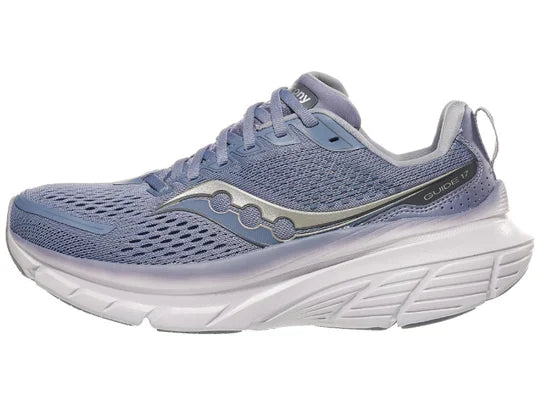 Women's Saucony Guide 17. Blue/Grey upper. White midsole. Lateral view.