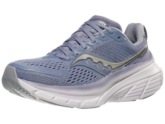 Women's Saucony Guide 17. Grey/Blue upper. White midsole. Lateral view.