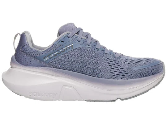 Women's Saucony Guide 17. Blue/Grey upper. White midsole. Medial view.